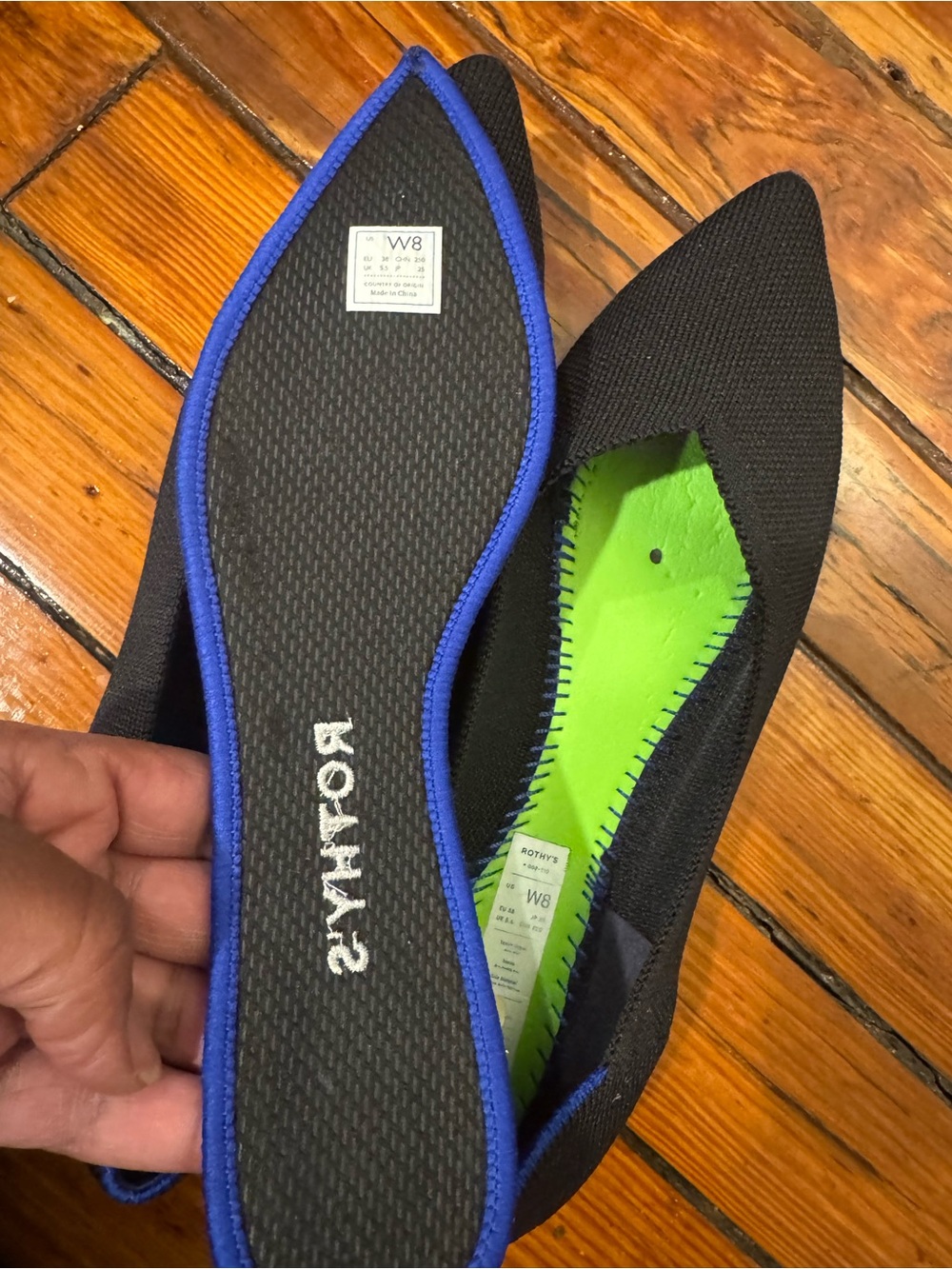 Rothy's Black Pointed Knit Flats with Blue Trim - Picture 6 of 8
